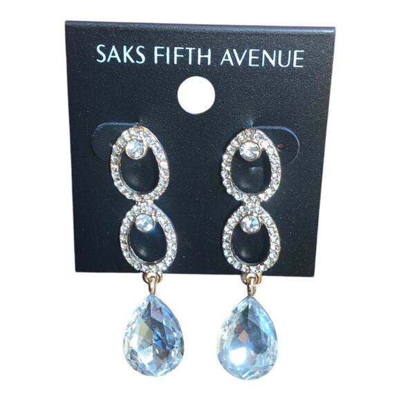 Saks Fifth Avenue NWT Gold Tone Shiny Rhinestones Triple Teardrop Earrings - Picture 1 of 10